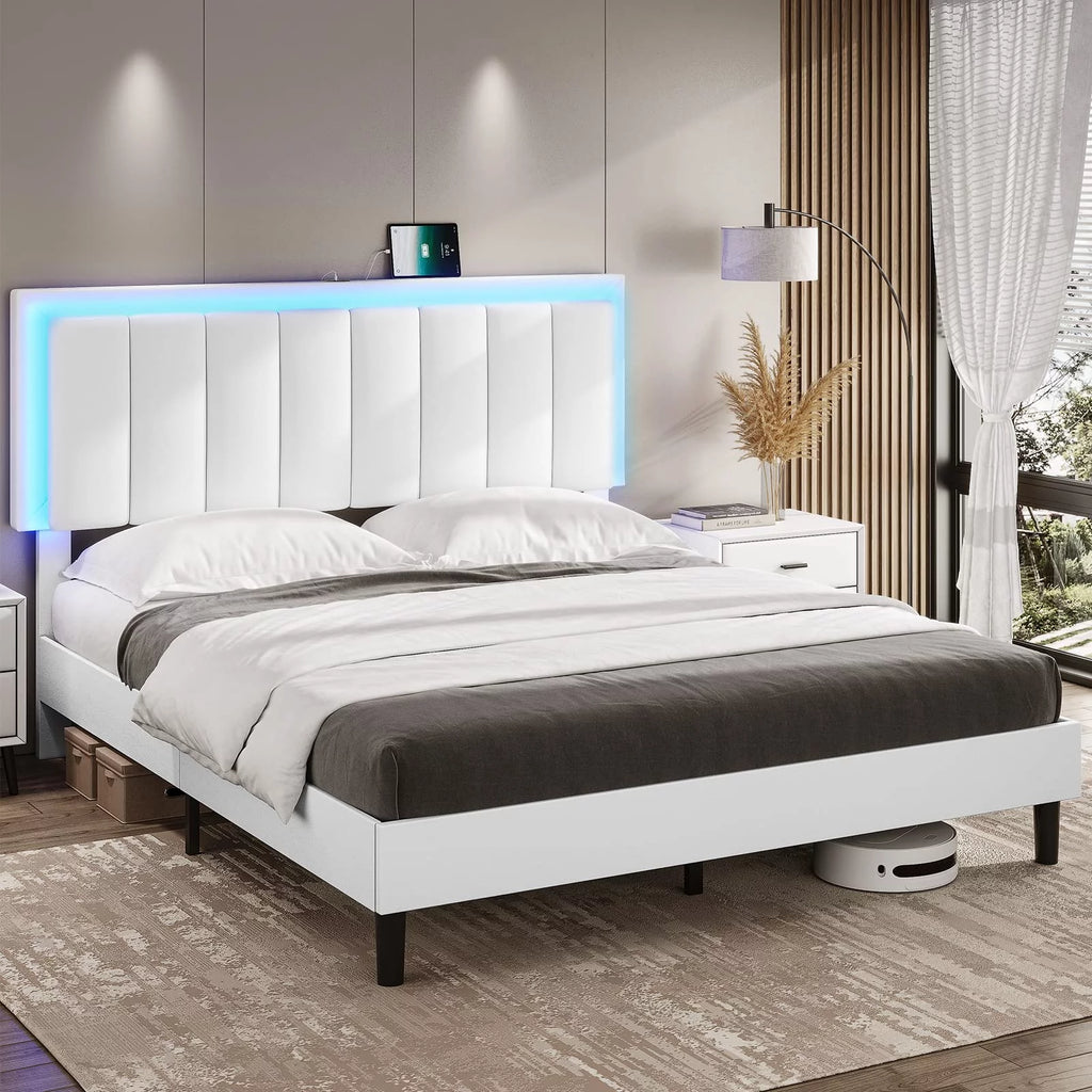 King Leather Upholstered Platform Bed with Charging Station and LED Lights L8703