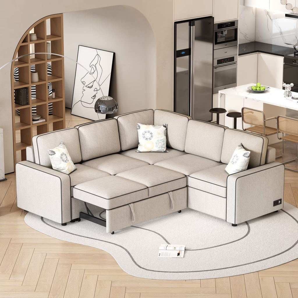 Cream L-Shaped Pull Out Sofa Bed with 2 USB Ports and 3 Pillows N805