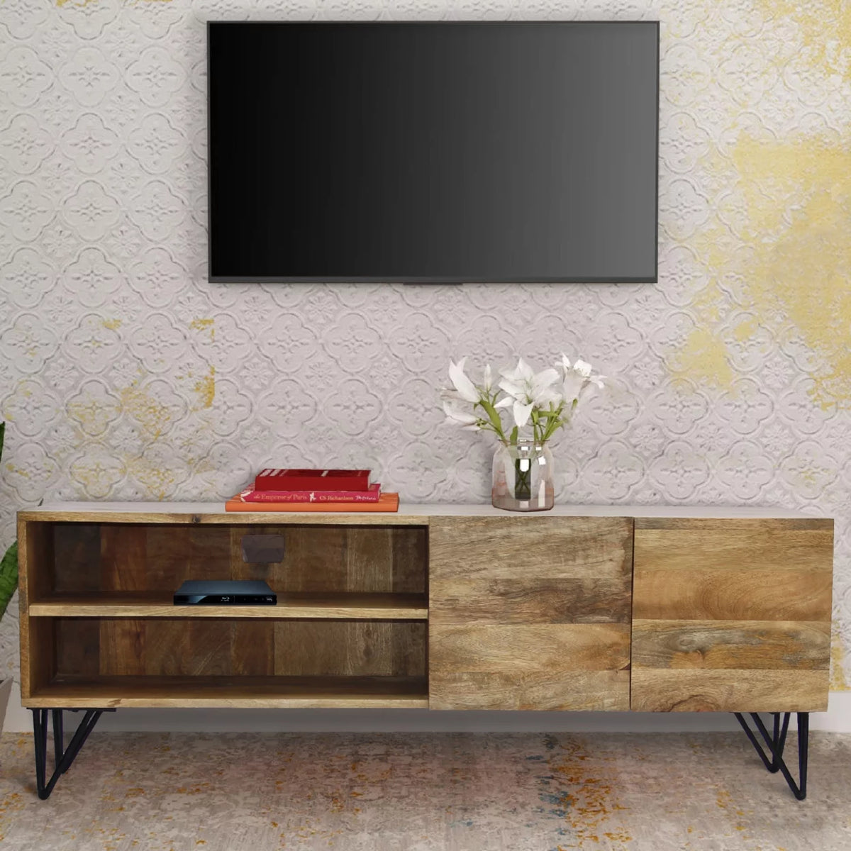 Mango Wood and Metal Tv Stand With Storage Cabinet Brown X8583