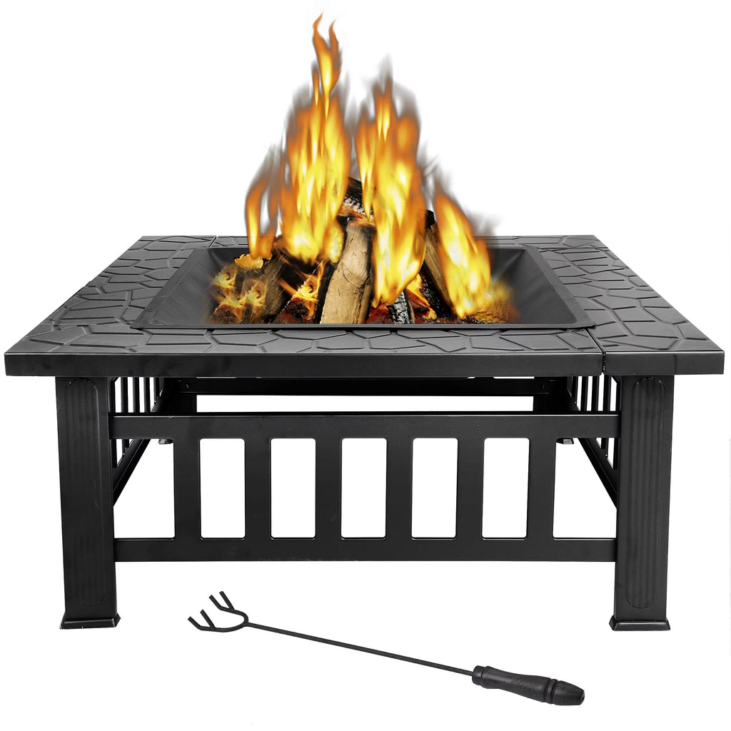 32 Square Wood Black Finish Steel Fire Pit A19743