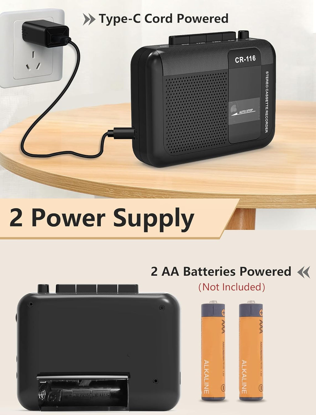 Stereo Cassette Player Tape Recorder with Built-in Mic Speakers, 2AA Battery or USB Power Supply B8723