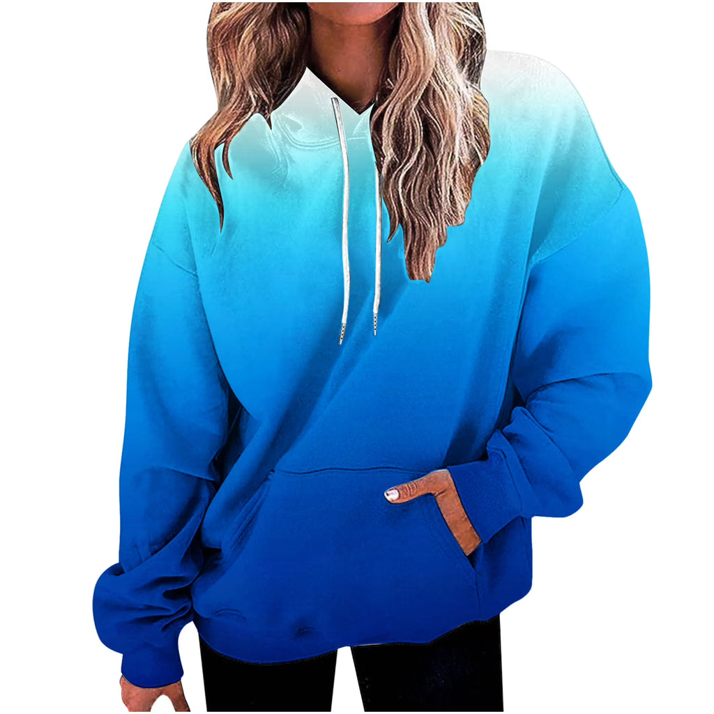 Casual Gradient Printing Long Sleeve Oversize Hooded Pullover Tops L726550
