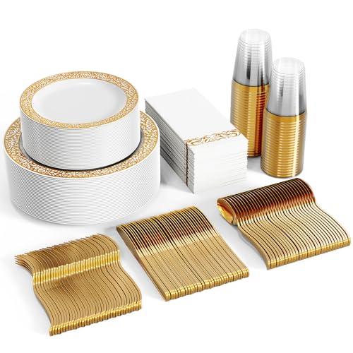 350 Ct Gold Plastic Dinnerware Set L73372
