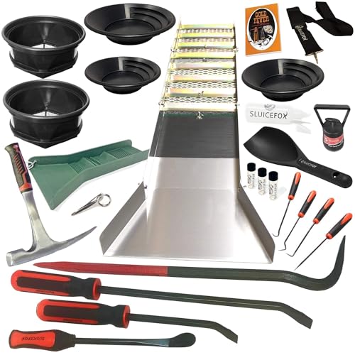 Gold Mining Kit; 50 inch Gold Sluice Box; Gold Prospecting Equipment; Rock Pick Hammer; Gold Classifiers; Pay Dirt Scoop; Crevice Tools G4693