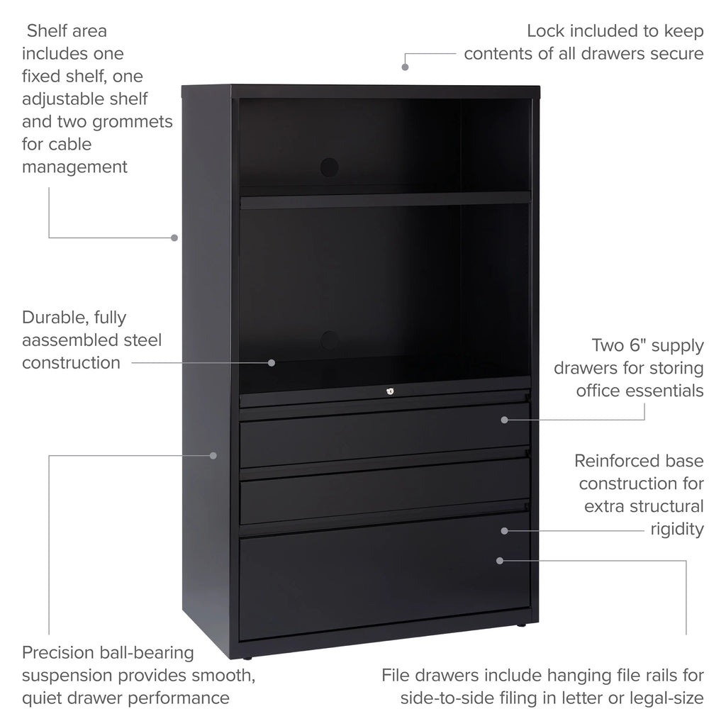 36 Inch Wide 3 Drawer Metal Lateral File Cabinet Black L60966