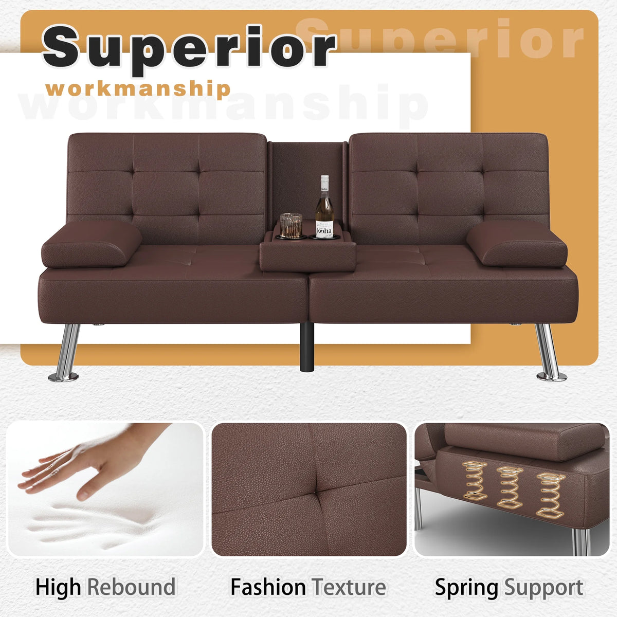 Futon Sofa Bed Faux Leather Convertible Folding Recliner with 2 Cup Holders C32345