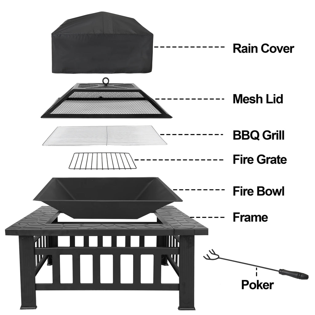 32 Square Wood Black Finish Steel Fire Pit A19743
