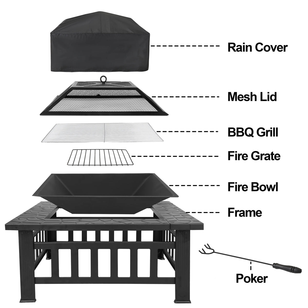 32 Square Wood Black Finish Steel Fire Pit A19743