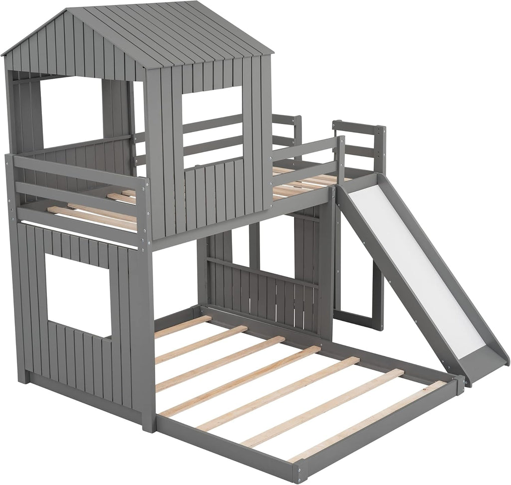 Gray Wood Twin Over Full Bunk Bed with Ladder and Slide Z150421