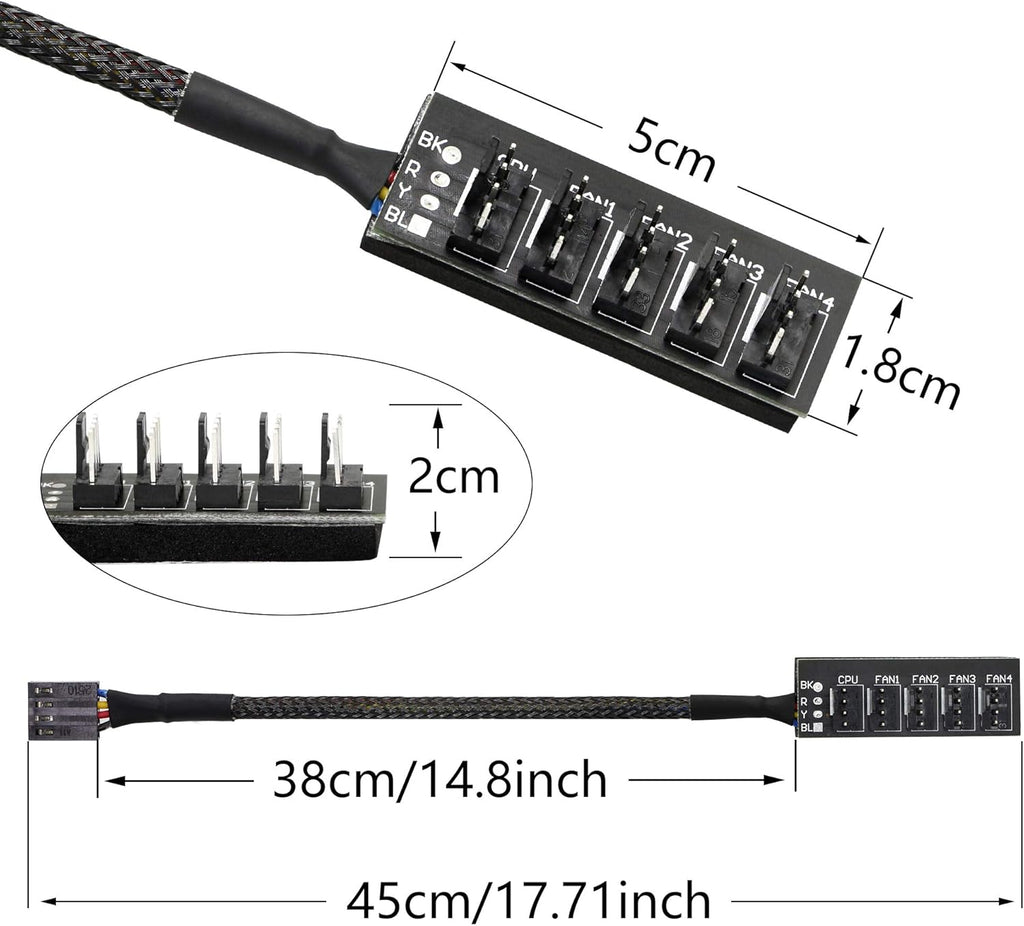 4 Pin PWM Fan Hub Splitter Power Supply Cable 1 to 5 Way PC CPU Cooling Case Fan Power Extension Cable for ATX Computer Case 4-Pin & 3-Pin Cooling Fans 14.8inch 2-Pack J98760