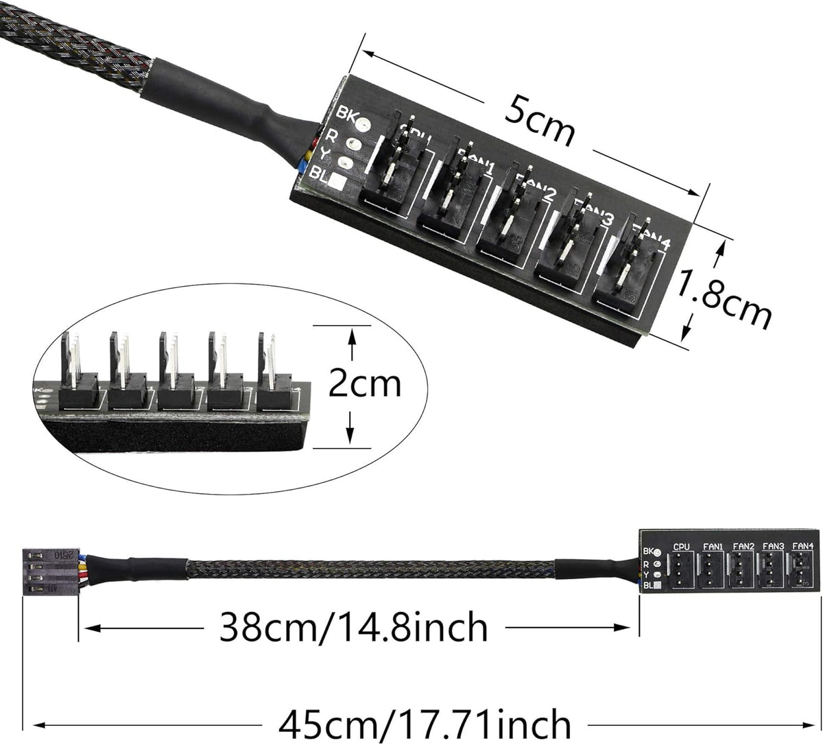 4 Pin PWM Fan Hub Splitter Power Supply Cable 1 to 5 Way PC CPU Cooling Case Fan Power Extension Cable for ATX Computer Case 4-Pin & 3-Pin Cooling Fans 14.8inch 2-Pack J98760