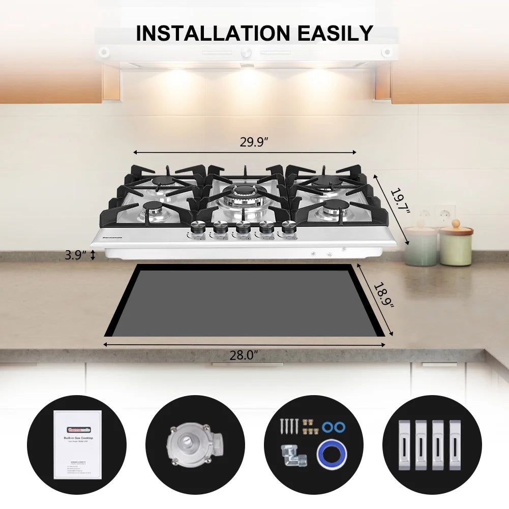 30 Inch 5 Burners Built In Gas Cooktop Stainless Steel K42955
