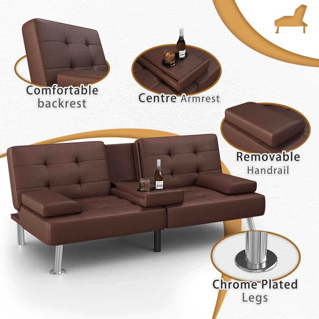 Futon Sofa Bed Faux Leather Convertible Folding Recliner with 2 Cup Holders C32345
