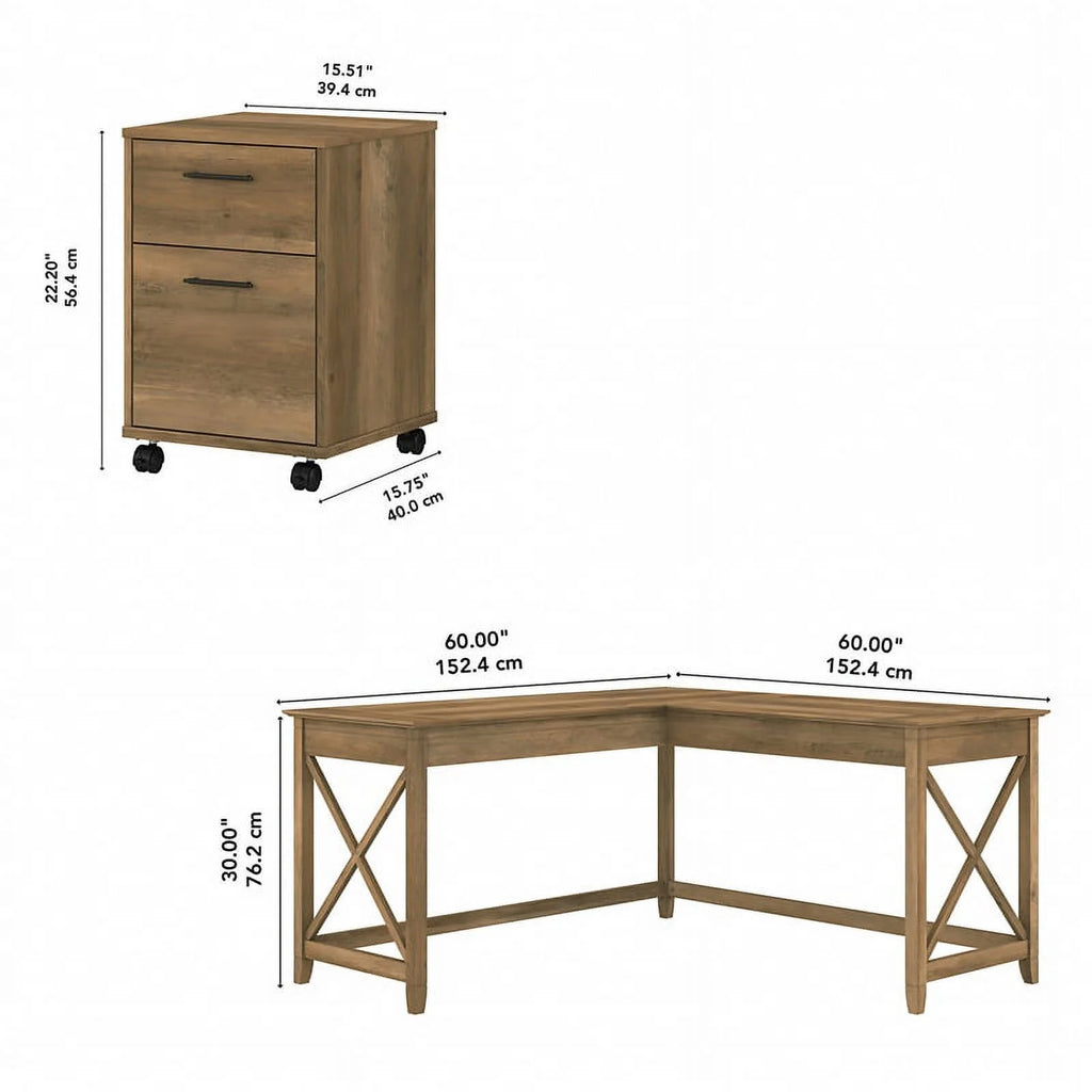 Reclaimed Pine Engineered Wood L Desk with Mobile File Cabinet J1499