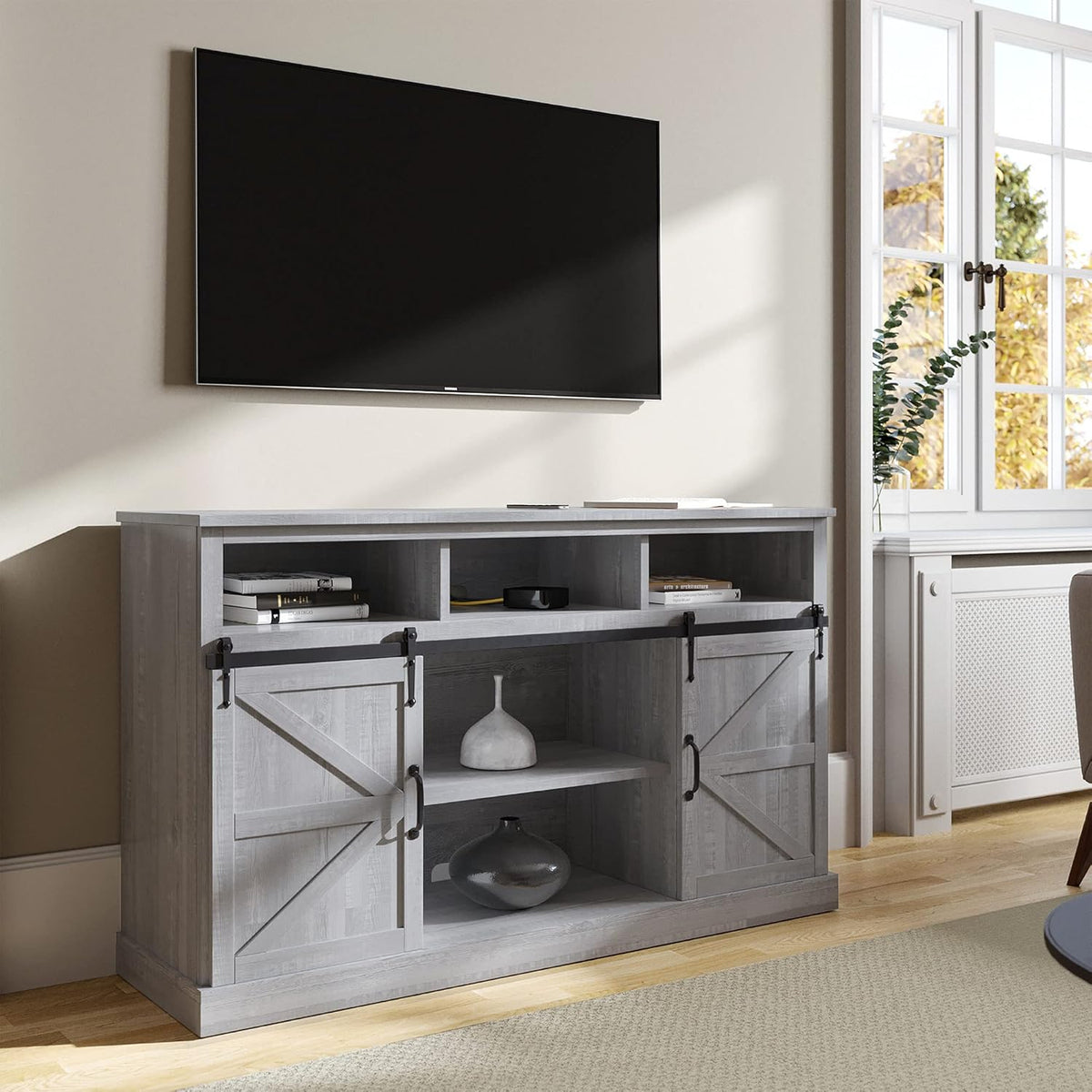 52 Inch TV Stand with Sliding Barn Door and Storage Cabinets Y50957