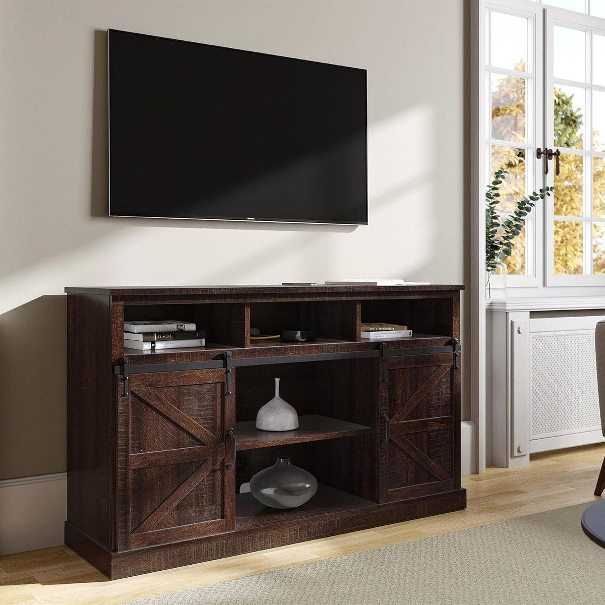 52 Inch TV Stand with Sliding Barn Door and Storage Cabinets Y50957