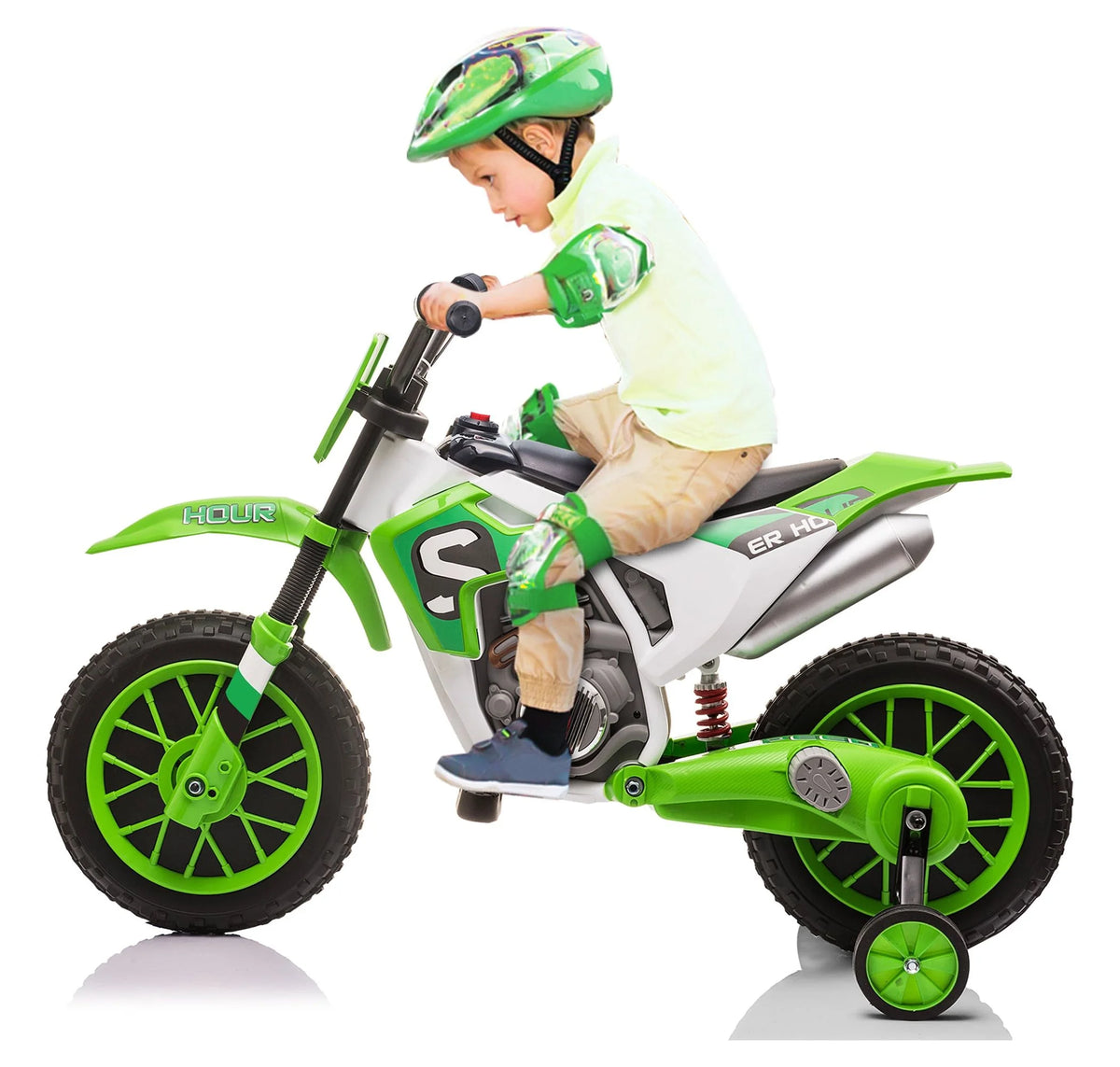 12V Kids Off-Road Ride on Dirt Bike with Training Wheels, Green O265346