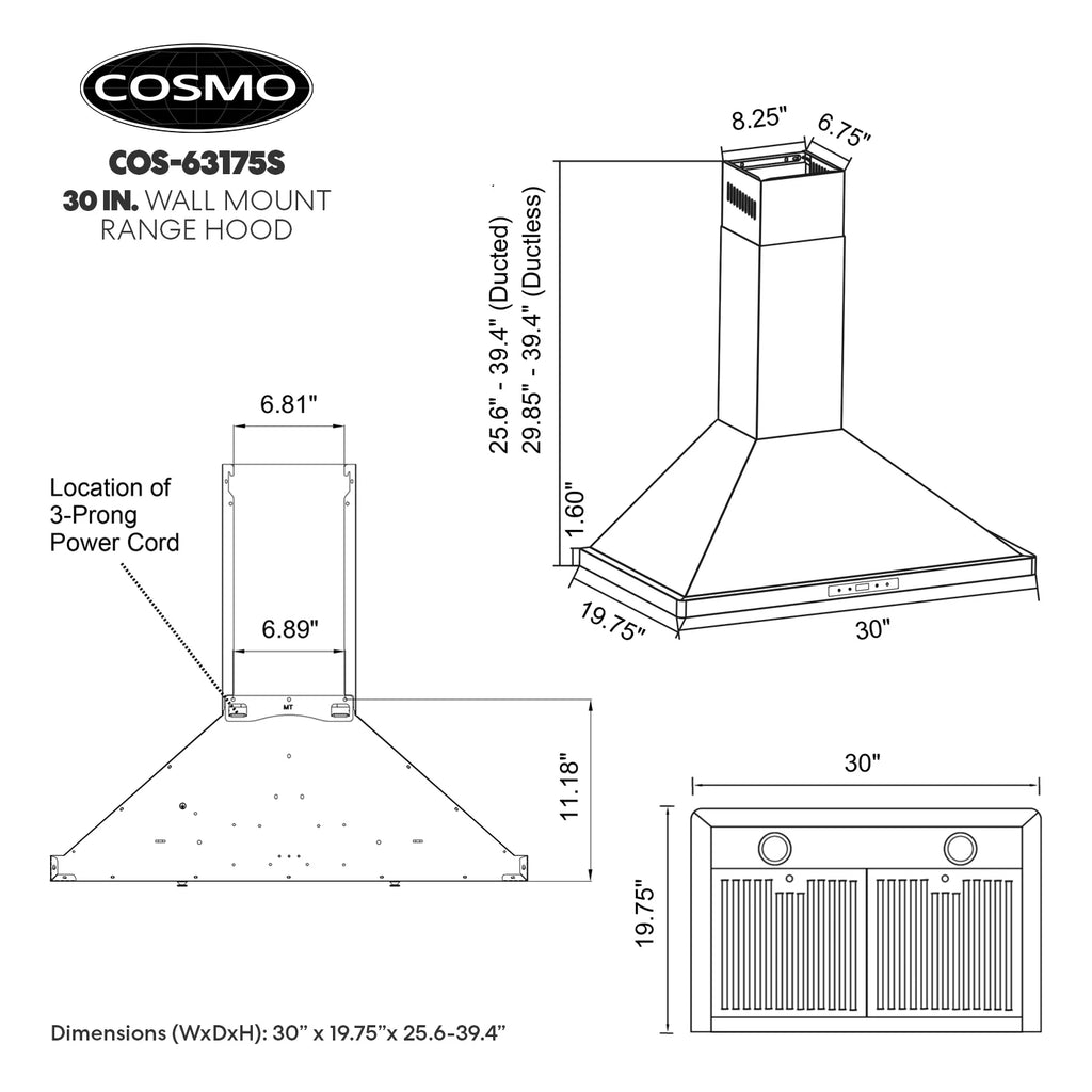 Stainless Steel Ductless Wall Mount Range Hood with LED Lighting and Carbon Filter Kit V54685