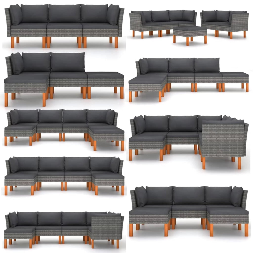 Gray Poly Rattan and Eucalyptus Wood Patio Sofa with Cushions N557788
