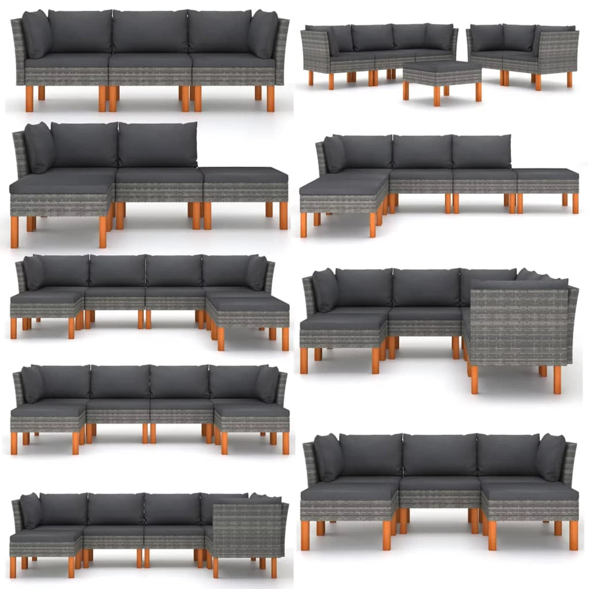 Gray Poly Rattan and Eucalyptus Wood Patio Sofa with Cushions N557788