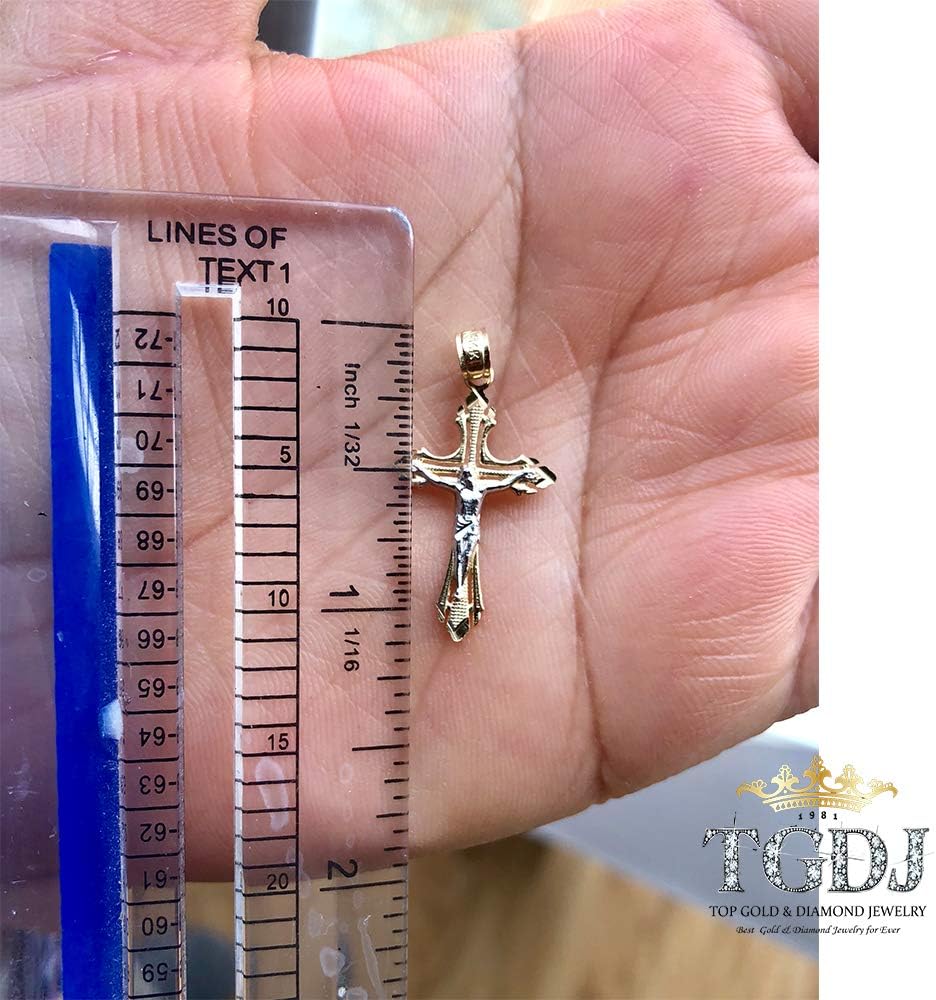 14K Real Gold Two Tone Linear Jesus Cross Pendant 25x16 MM Crucifix Charm Necklace Pendant R135113