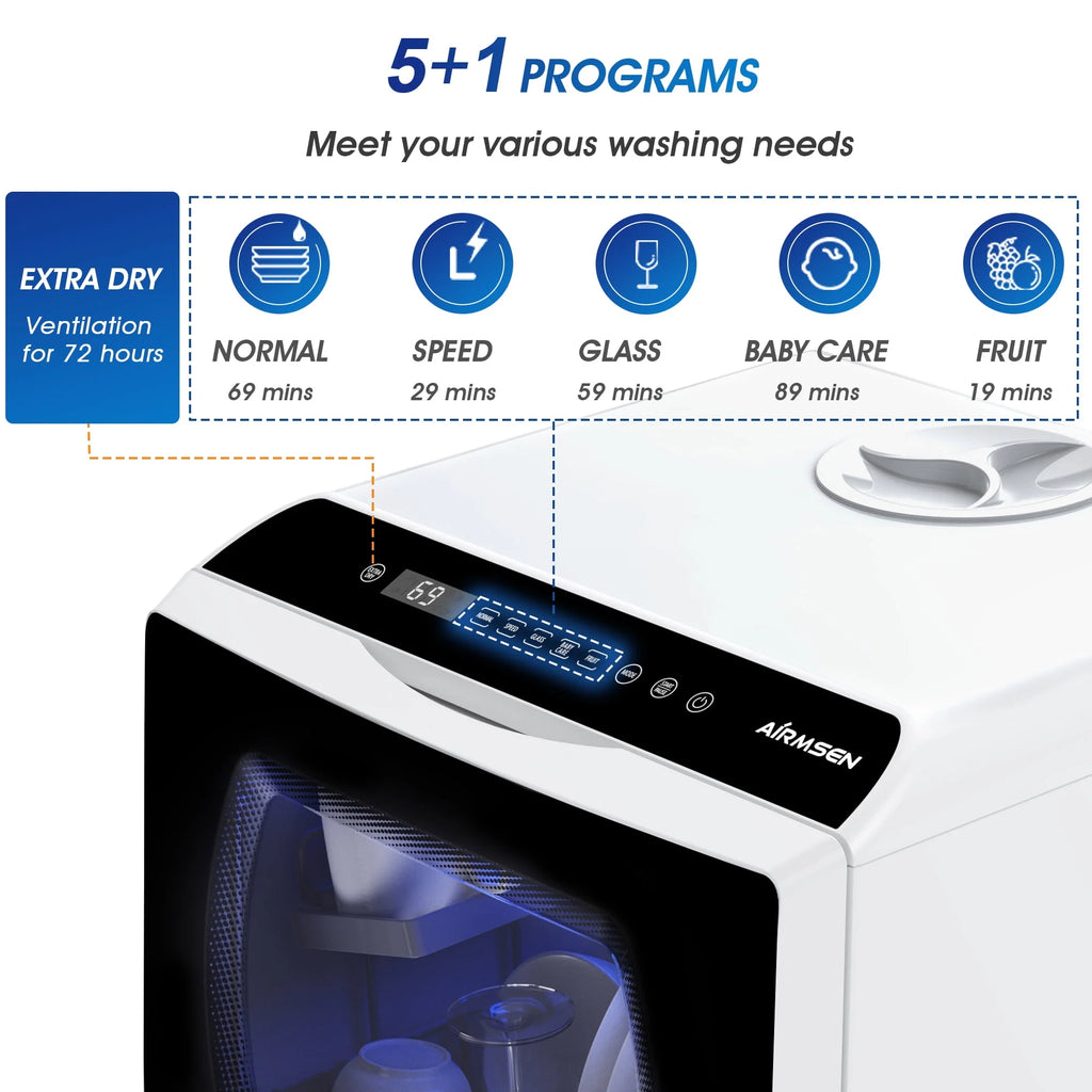 Portable Countertop Dishwasher with 5L Built-in Water Tank, 5 Place Settings, 7 Programs, White O987