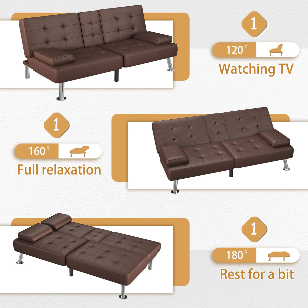 Futon Sofa Bed Faux Leather Convertible Folding Recliner with 2 Cup Holders C32345
