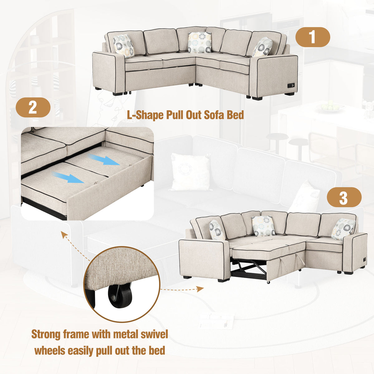 Cream L-Shaped Pull Out Sofa Bed with 2 USB Ports and 3 Pillows N805