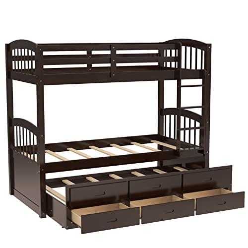 Twin Over Twin Wood Bunk Bed with Trundle and Storage Drawers C256037