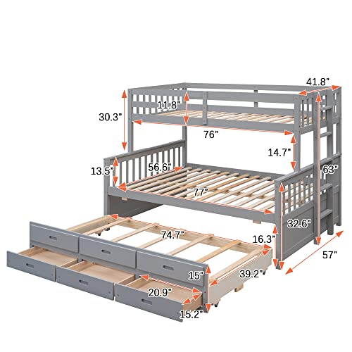 Twin Over Twin Wood Bunk Bed with Trundle and Storage Drawers C256037