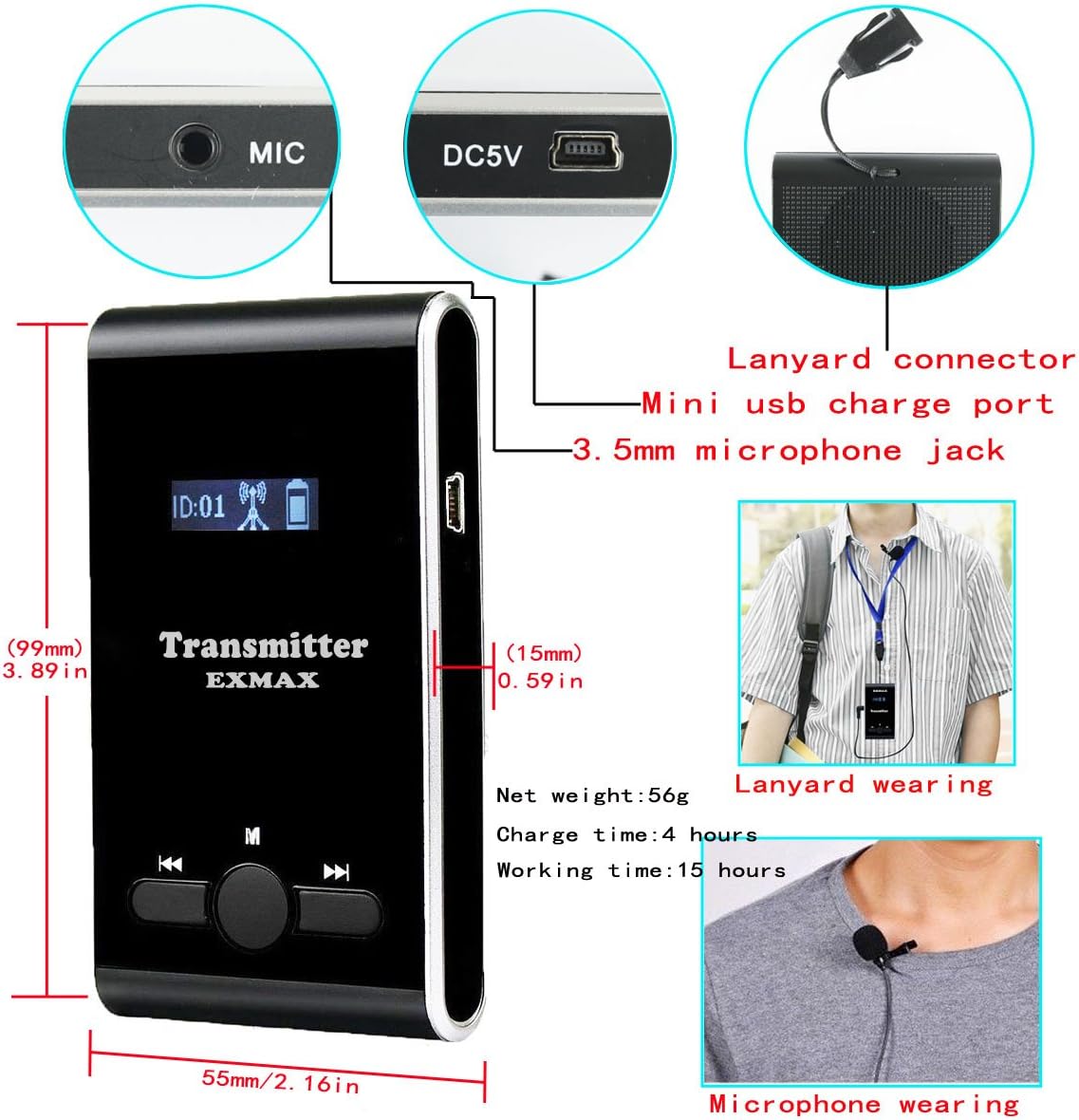 Wireless Tour Guide System with Lavalier Microphone (1 Transmitter 3 Receivers) P791268