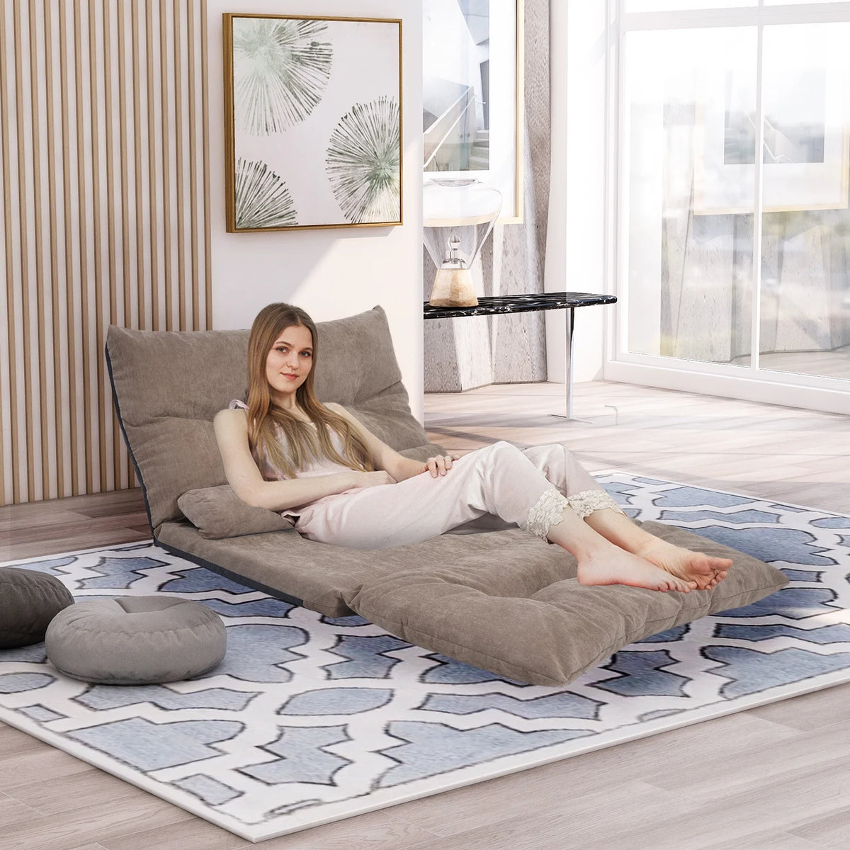 Light Brown Sofa Bed Folding Futon with Two Pillows O241