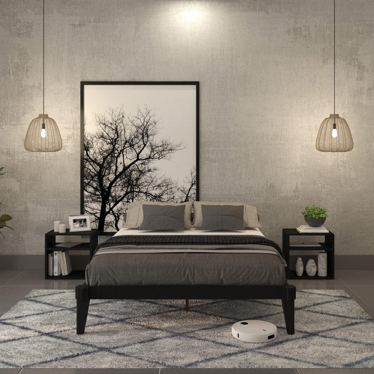 King Platform Bed Frame, No Headboard, Solid Wood, Walnut C840