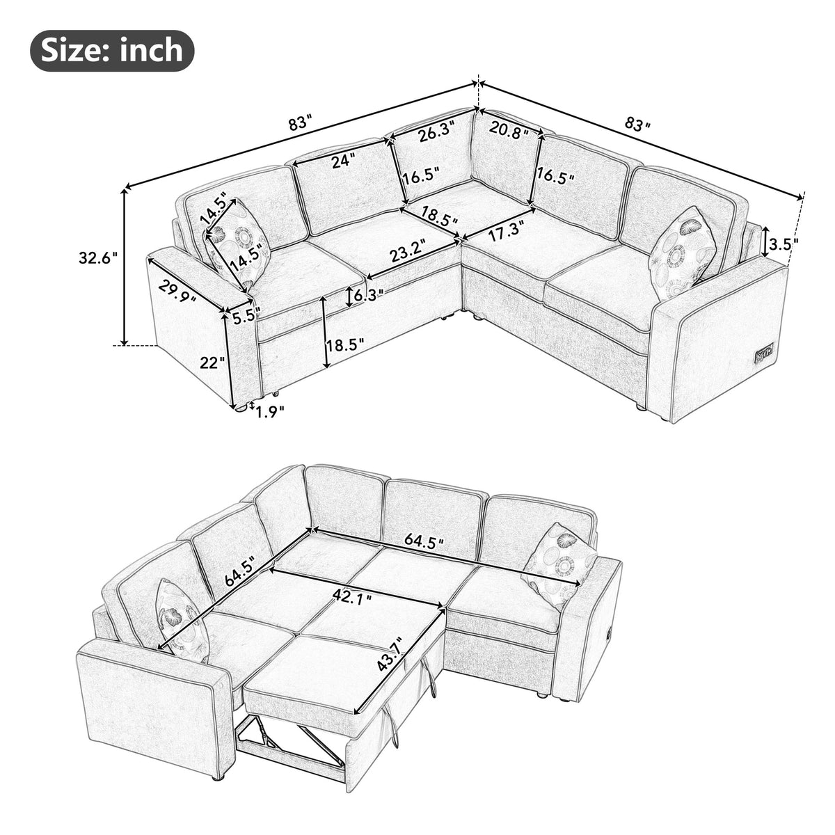 Cream L-Shaped Pull Out Sofa Bed with 2 USB Ports and 3 Pillows N805