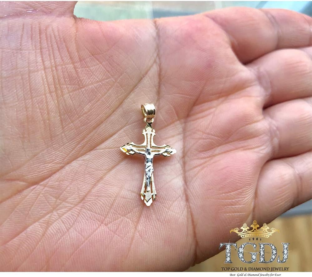 14K Real Gold Two Tone Linear Jesus Cross Pendant 25x16 MM Crucifix Charm Necklace Pendant R135113