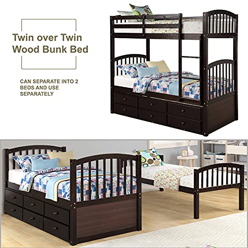 Twin Over Twin Wood Bunk Bed with Trundle and Storage Drawers C256037
