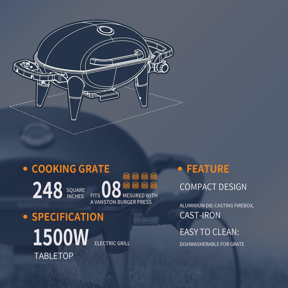 1500W Electric Barbecue Grill with Built-In Thermometer Z81009