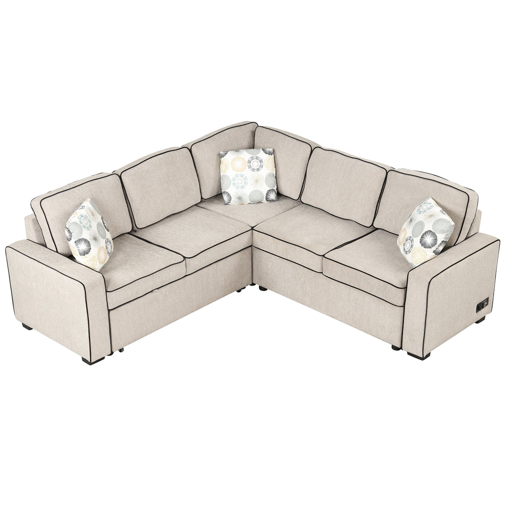 Cream L-Shaped Pull Out Sofa Bed with 2 USB Ports and 3 Pillows N805