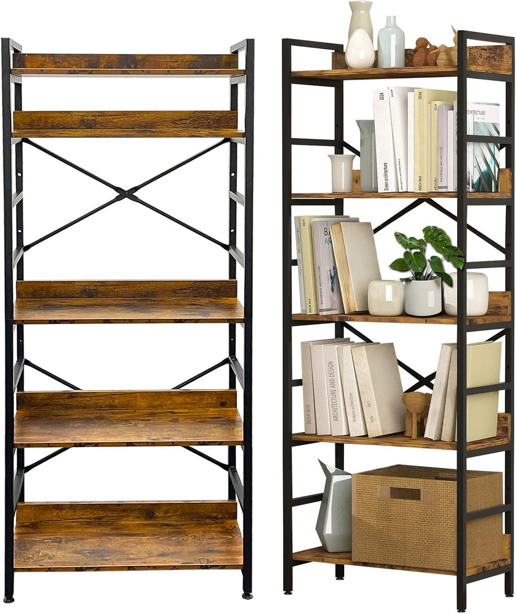 Industrial Bookshelf 4 Tier Tall Bookcase with Adjustable Shelf Metal Frame Steel Wood Rustic Brown R81864
