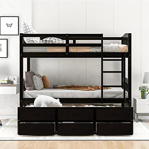 Twin Over Twin Wood Bunk Bed with Trundle and Storage Drawers C256037