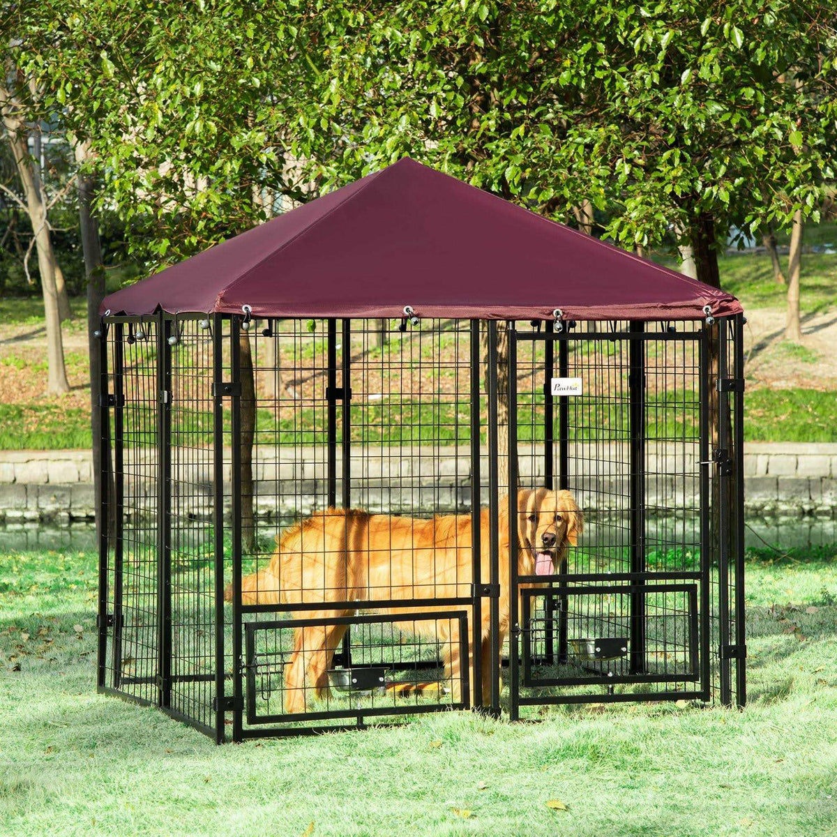 Indoor/Outdoor Metal Dog Kennel with Lock and Canopy R77498