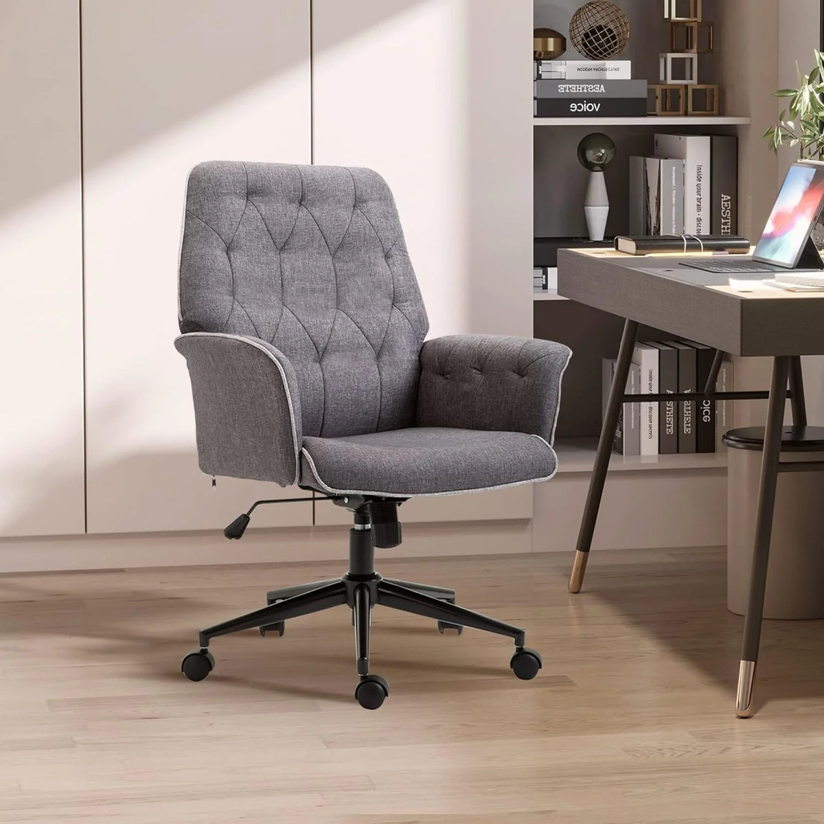 Dark Gray Linen Office Chair with Swivel Wheels S1244