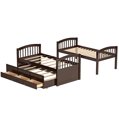 Twin Over Twin Wood Bunk Bed with Trundle and Storage Drawers C256037