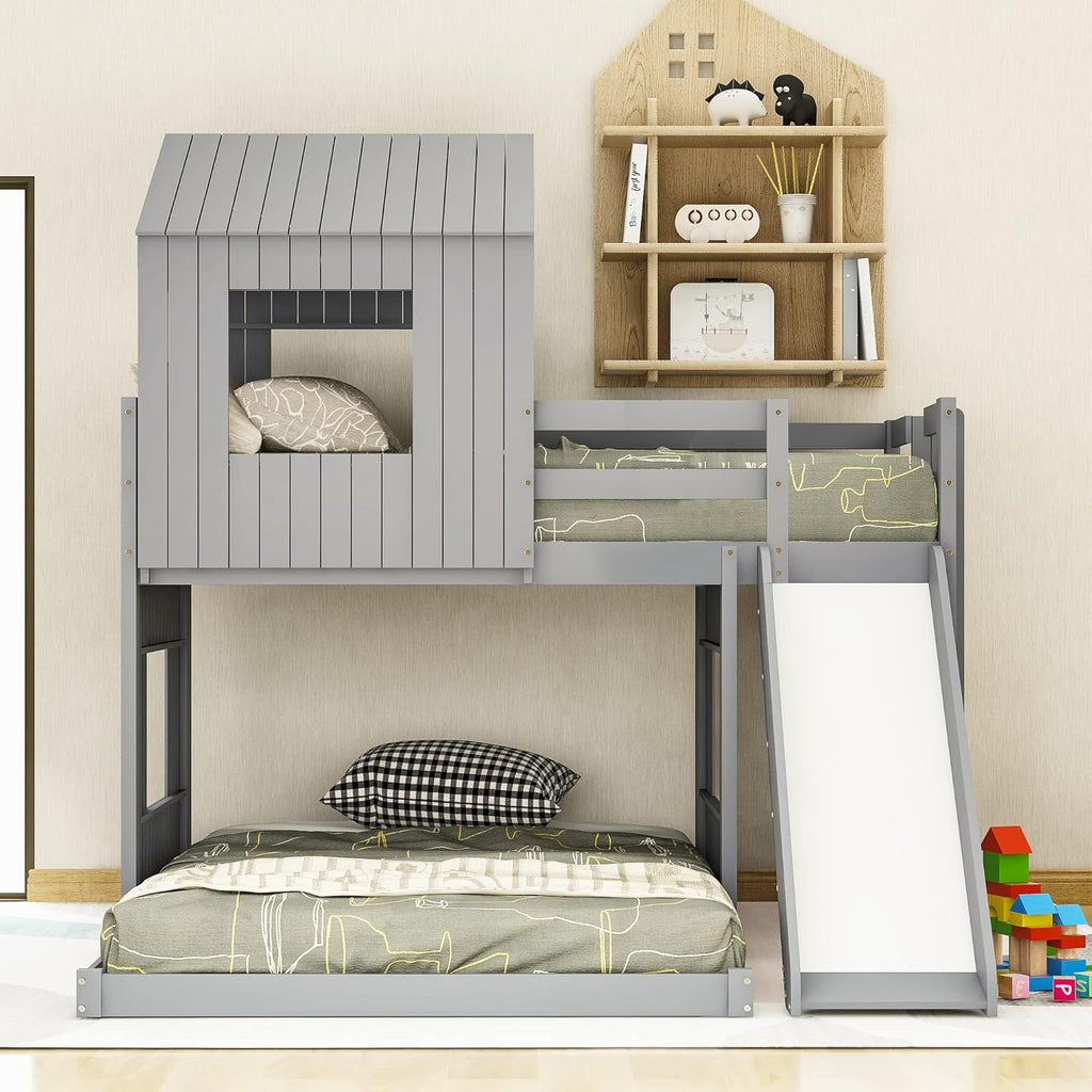 Gray Wood Twin Over Full Bunk Bed with Ladder and Slide Z150421