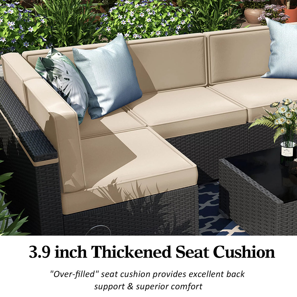 7 Piece Wicker Patio Furniture Set with Cushion and Glass Table Y42383