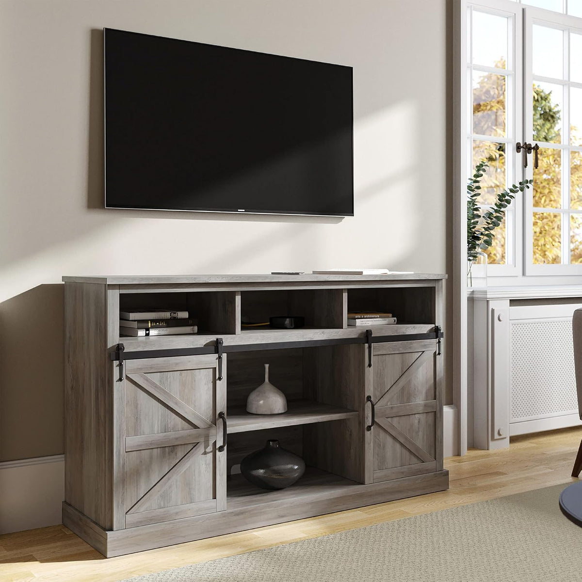 52 Inch TV Stand with Sliding Barn Door and Storage Cabinets Y50957