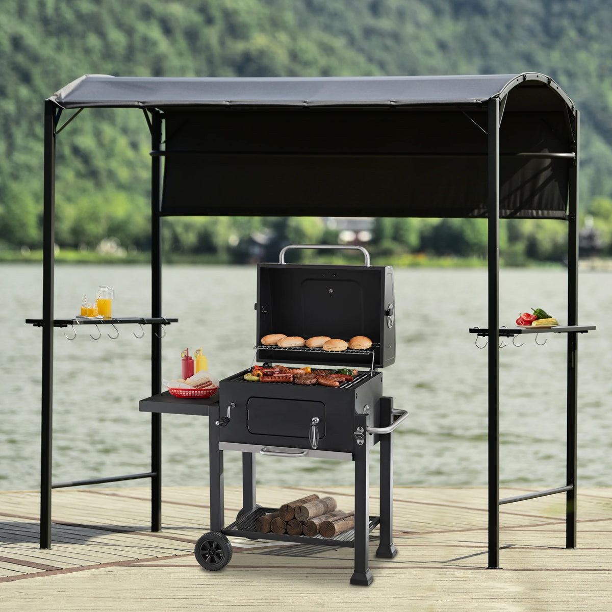 Outdoor Iron BBQ Grill Gazebo with Side Awning E4814