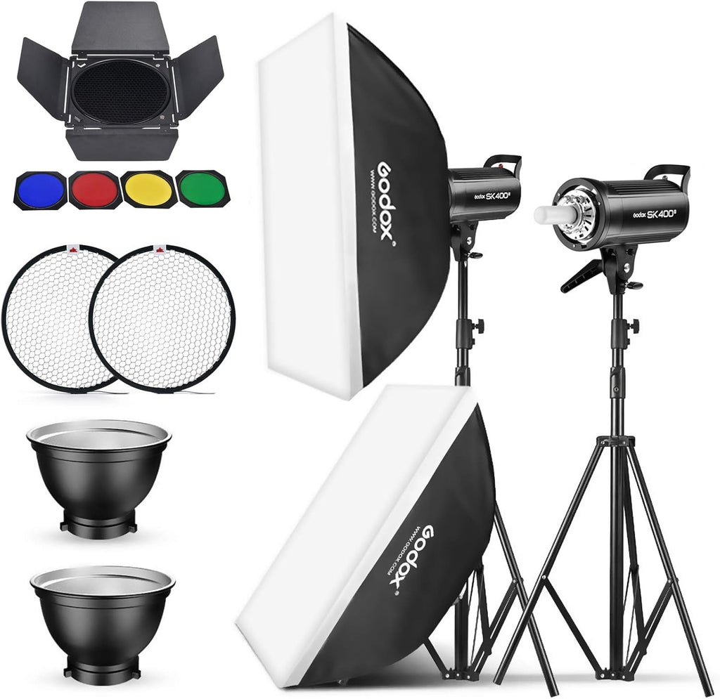 2 Pack 800Ws Photo Speedlite Studio Flash Strobe Monolight Bowens Mount Kit with Softbox, Light Stand, Barn Door Kit, Reflector A793551
