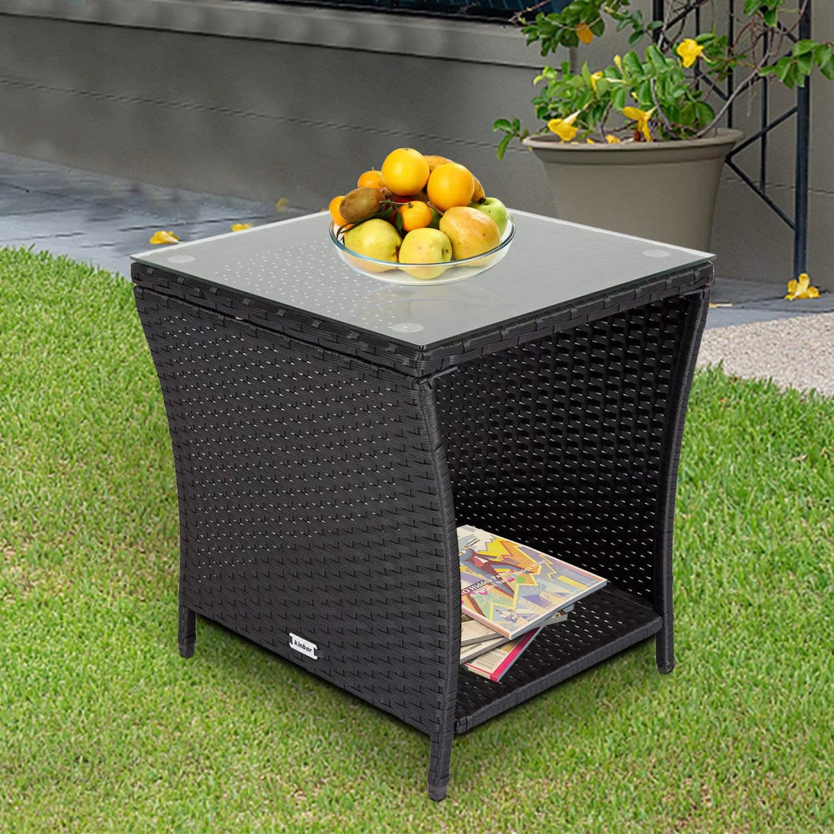 Black Wicker Square Side Table with Storage V1081
