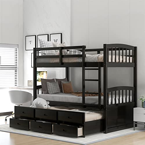 Twin Over Twin Wood Bunk Bed with Trundle and Storage Drawers C256037